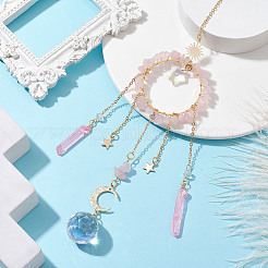 Natural Rose Quartz Chip Pendant Decorations with Brass Moon & Cable Chain & Electroplated Quartz Crystal Tassel&nbsp;HJEW-JM01650-04