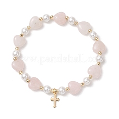 Natural Rose Quartz Heart & Shell Pearl Beads Stretch Bracelets&nbsp;BJEW-JB13413-01