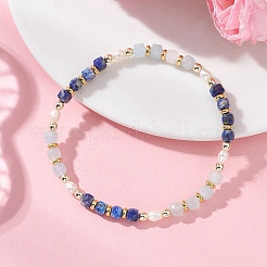Natural Aquamarine & Natural Lapis Lazuli Cube Beaded Stretch Bracelets for Women&nbsp;BJEW-JB13390-03