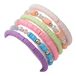 6Pcs 6 Style Polymer Clay & ABS Plastic Pearl Beaded Stretch Bracelets Set&nbsp;BJEW-JB09674
