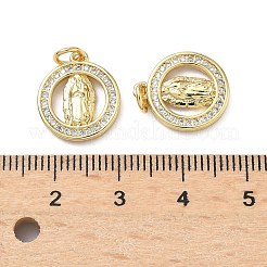Brass Micro Pave Cubic Zirconia Flat Round with Virgin Mary Charms&nbsp;KK-C156-23G