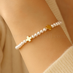 Minimalist Round Imitation Pearl & Brass Cross Beaded Stretch Bracelets&nbsp;MM4017