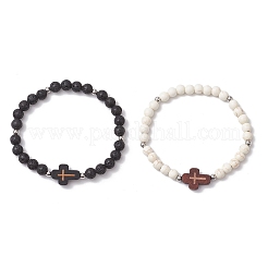 2Pcs Cross Natural Lava Rock & Synthetic Turquoise & Wood Round Beads Stretch Bracelets for Men Women&nbsp;BJEW-JB11832