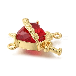 Brass FireBrick Cubic Zirconia Rose Heart with Sword Connector Charms&nbsp;X-KK-R002-27G-01