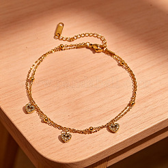 304 Stainless Steel Crystal Rhinestone Triple Heart Charm 2-Strand Anklets for Women&nbsp;WG509DE-01