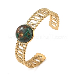 Synthetic Bronzite and Malachite Half Round 304 Stainless Steel Hollow Cuff Bangle for Women&nbsp;BJEW-JB14491-01