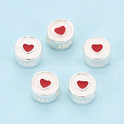 925 Sterling Silver Enamel Flat Round with Red Heart Beads&nbsp;STER-T009-22S