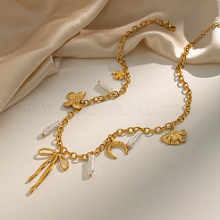 Summer Beach 304 Stainless Steel Bowknot Clover Pendant Necklaces with Imitation Keshi Pearl Tassel for Women&nbsp;LH7473