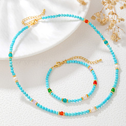 Round Synthetic Turquoise & Natural Red Agate & Freshwater Pearls Beaded Bracelets & Necklaces Sets for Women&nbsp;JT3894-3