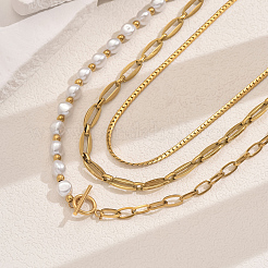 Baroque Style 201 Stainless Steel & Brass & Imitation Pearl 3 Layered OT Buckle Necklaces for Women&nbsp;EE6701
