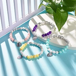 Natural Malaysia Jade(Dyed) & Howlite Round Beads Stretch Bracelet with Leaf Charm for Women&nbsp;BJEW-JB07504