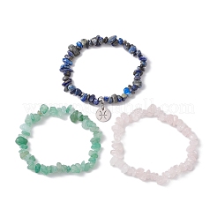 3Pcs 3 Styles Natural Green Aventurine & Rose Quartz & Lapis Lazuli Chips Stretch Bracelets Sets&nbsp;BJEW-JB11076-02