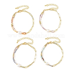 Faceted Natural Mixed Gemstone Beaded & Brass Paperclip Chain Bracelets with Natural Pearl for Women&nbsp;BJEW-JB14324