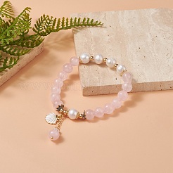Natural Rose Quartz & Pearl Stretch Bracelet&nbsp;BJEW-JB09224-01