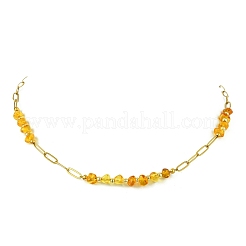 304 Stainless Steel Paperclip Chain Necklaces with Natural Amber Nuggets Beads&nbsp;NJEW-JN06052