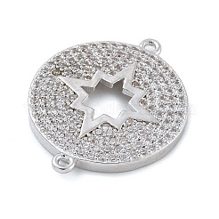 Rack Plating Brass Micro Pave Clear Cubic Zirconia Flat Round with Hollow Star Connector Charms&nbsp;KK-A234-082P