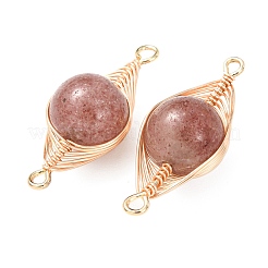 Natural Strawberry Quartz Round Links Connector Charms with Copper Herringbone Wire-Wrapped&nbsp;KK-Z152-05G-04A