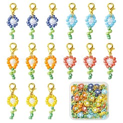 50Pcs 5 Colors Flower Glass Seed Bead Pendant Decorations&nbsp;HJEW-CJ0001-09