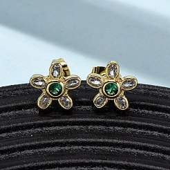 Brass Micro Pave Cubic Zirconia Flower Stud Earrings&nbsp;EJEW-K267-12G