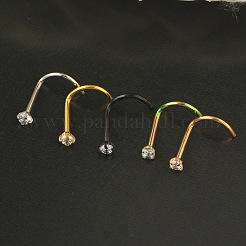 304 Stainless Steel Micro Pave Clear Cubic Zirconia Flat Round Fishtail Nose Rings&nbsp;WG924B3-02
