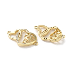 Brass Micro Pave Clear Cubic Zirconia Double Heart Links Connector Charms&nbsp;KK-M287-01G