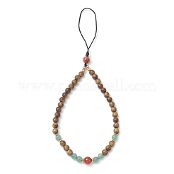Natural Green Aventurine & Carnelian & Wood Round Beaded Phone Hand Strap Chains&nbsp;HJEW-JM03364-03