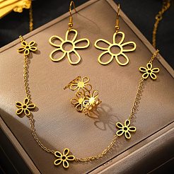 Hollow Flower 304 Stainless Steel Necklace & Dangle Earring & Cuff Ring Sets&nbsp;SJEW-F225-03G