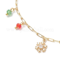Christmas Brass Pave Clear Cubic Zirconia Snowflake & 304 Stainless Steel Star and Round Glass Tassel Brass Paperclip Chain Anklets&nbsp;AJEW-AN00753