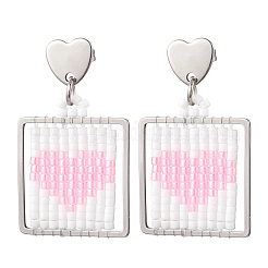 Handmade Glass Seed Beaded Square with Heart Dangle Stud Earrings&nbsp;EJEW-MZ00559-03