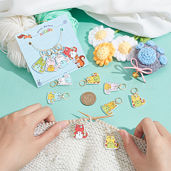 Cat Printed Wooden Pendant Stitch Markers&nbsp;HJEW-AB00320