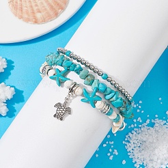 3Pcs 3 Style Synthetic Turquoise Chips & Starfish Beaded Stretch Bracelets Set&nbsp;BJEW-TA00391