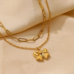 304 Stainless Steel Bowknot Pendant Necklaces&nbsp;NJEW-L182-001G-07