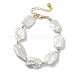 Rectangle Natural Keshi Pearl & Brass Beaded Bracelets for Women&nbsp;BJEW-JB13622
