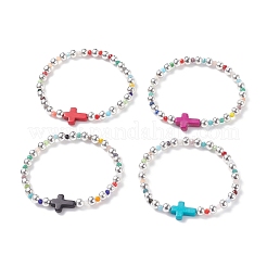 Synthetic Turquoise(Dyed) Cross Stretch Bracelet with Glass for Women&nbsp;BJEW-JB07663