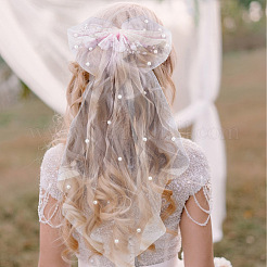 2Pcs 2 Colors Bowknot Long Mesh Tulle Bridal Veils with Hair Barrettes & Imitation Pearl&nbsp;OHAR-GO0001-10