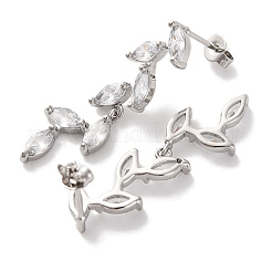 Leaf Brass Micro Pave Clear Cubic Zirconia Dangle Stud Earrings&nbsp;EJEW-F348-02P