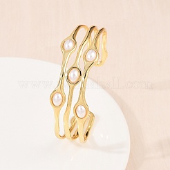 22MM Brass & ABS Plastic Pearl 3 Line Cuff Bangles for Women&nbsp;BJEW-L707-01G