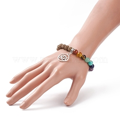 Natural Rudraksha Wood & Mixed Gemstone Stretch Bracelet with Alloy Lotus Charm&nbsp;BJEW-TA00151