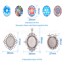 Tibetan Style Alloy Pendant Cabochon Settings and Mosaic Printed Glass Oval Cabochons&nbsp;TIBEP-PH0004-34AS