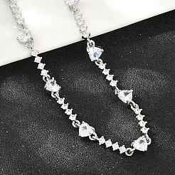 Brass Pave Clear Cubic Zirconia Heart Link Chain Necklaces&nbsp;KK-CBA4547-16B-P