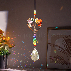 1Pc Natural Mixed Stone Chip Wrapped Heart with Tree of Life Hanging Ornaments&nbsp;HJEW-DJ0001-15A