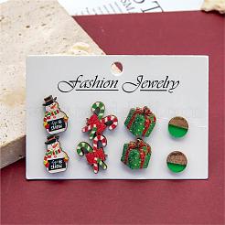 4 Pairs Candy Cane & Snowman & Christmas Gift Printed Wood Stud Earrings&nbsp;EJEW-OY001-01