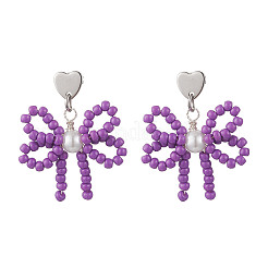 Heart with Bowknot Handmade Glass Seed Beads Dangle Stud Earrings&nbsp;EJEW-MZ00474-03