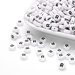 Acrylic Beads, with Horizontal Hole, Letter, Flat Round, Letter R, 7x4mm, Hole: 1.2~1.8mm, about 3500pcs/500g