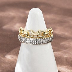 Brass Micro Pave Cubic Zirconia Cuff Rings for Women, Chain Shape, Real 18K Gold Plated, 9mm, Inner Diameter: 18mm