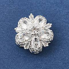 Flower Brass Micro Pave Clear Cubic Zirconia Beads, Rack Plating, Long-Lasting Plated, Lead Free & Cadmium Free, Silver, 17x16x9mm, Hole: 1.8mm