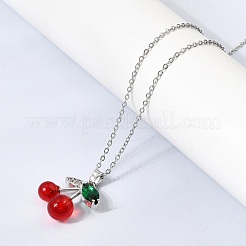 Brass Micro Pave Clear Cubic Zirconia & Resin Red Cherry Pendant 304 Stainless Steel Cable Chain Necklaces for Women&nbsp;NJEW-H092-02P
