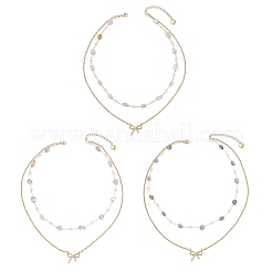 3Pcs 3 Styles 304 Stainless Steel Bowknot Pendant Natural Morganite & Amethyst & Labradorite Nuggets Link Chain Double Layer Necklaces for Women&nbsp;NJEW-JN05399