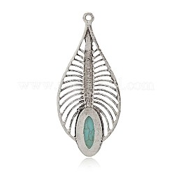 Antique Silver Plated Leaf Alloy Synthetic Turquoise Big Pendants&nbsp;PALLOY-J654-01AS
