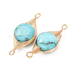 Natural Turquoise Faceted Hexagonal Cut Flat Round Links Connector Charms with Copper Herringbone Wire-Wrapped&nbsp;KK-Z152-07G-01